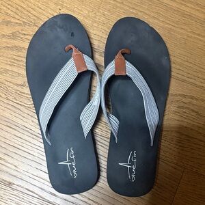 Women’s Blue Fin Black Flip Flop Sandals with Striped Fabric Straps